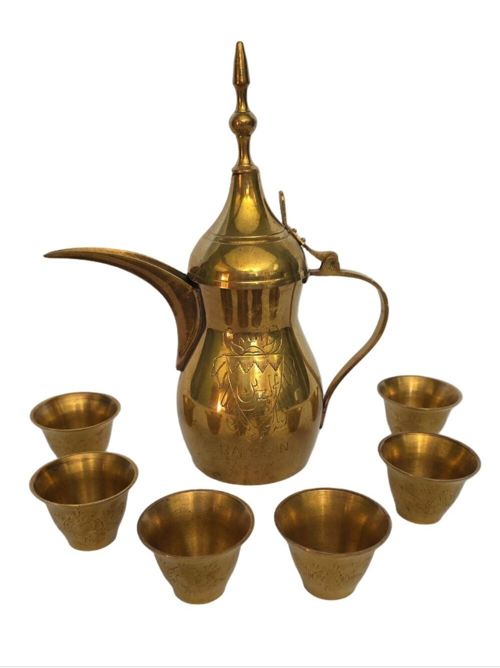 Vintage Brass Bahraini Brass Dallah Set with (6) Cups - MCM Arabic Coffee Pot